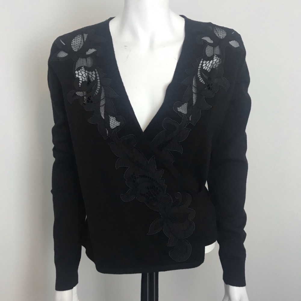 Diane Von Furstenberg Black ballerina wrap Sweater with Lace Accents